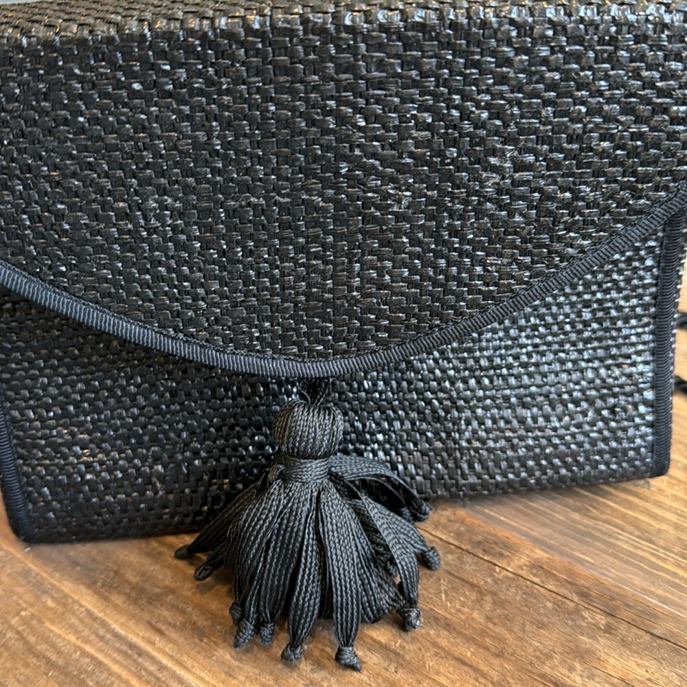 La Regale Vintage Black Raffia Purse with Tassel and rope strap Evening